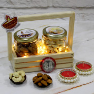 Exotic Dry Fruit Basket - Almond in Jar, Cashew in Jar, Led Light, Diwali Props, Wooden Tray with 2 Decorative Golden Diyas and Laxmi-Ganesha Coin