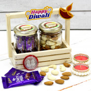 Joyous Diwali - Almond & Cashew in Jar, 10 Dairy Milk in Jar, Led Light, 2 Diwali Props, Wooden Tray with 2 Decorative Golden Diyas and Laxmi-Ganesha Coin