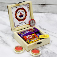Alluring Diwali Gift Box - Dairy Milk Fruit n Nut, Dairy Milk, Five Star, Kit Kat, Led Light, Diwali Props, Personalized Wooden Box with 2 Decorative Golden Diyas and Laxmi-Ganesha Coin