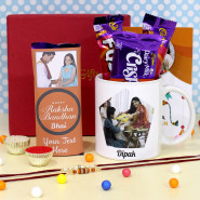 Gratifying Combo - Personalized Number 1 Bro Photo Mug, Dairy Milk Silk in Personalized Wrapper, 2 Dairy Milk Fuse, Dairy Milk Crispello, Personalized Card, Premium Gift Box (M) with 2 Rakhi and Roli-Chawal