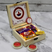 Alluring Diwali Gift Box - Dairy Milk Fruit n Nut, Dairy Milk, Five Star, Kit Kat, Led Light, Diwali Props, Personalized Wooden Box with 2 Decorative Golden Diyas and Laxmi-Ganesha Coin