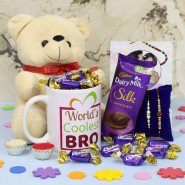 Rakhi Personalized Combo with Teddy - Personalized World's Coolest Bro Photo Mug, Teddy 6 inch, Dairy Milk Silk, 20 Cadbury Choclairs Gold Chocolates, Personalized Card with 2 Rakhi and Roli-Chawal
