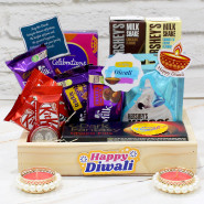 Sweet Diwali Tray - Hershey's Kisses Cookies & Cream, 2 Hershey's Milk Shake, Dark Fantasy Choco Fills, Silk, Fruit n Nut, Crackle, Mini Celebration, 2 Kit Kat, Choco Pie, 4 Diwali Props, Led Light, Wooden Tray with 2 Diyas and Laxmi-Ganesha Coin