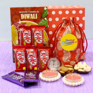 Wholesome Diwali Delight - Almond & Cashew in Potli (D), 5 Kit Kat, 2 Dairy Milk, Diwali Props with 2 Decorative Golden Diyas and Laxmi-Ganesha Coin
