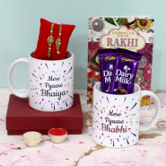 Mugs with Rakhi Pair - Personalized Mere Pyaare Bhaiya & Bhabhi Photo Mugs, 2 Dairy Milk with Bhaiya Bhabhi Rakhi and Roli-Chawal