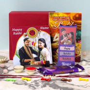 Rakhi Tiles and Chocolate Combo - Happy Rakhi Personalized Tile, Personalized Happy Raksha Bandhan Dairy Milk Silk Chocolate Wrapper, Premium Gift Box (M) with 2 Rakhi and Roli-Chawal