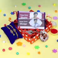 Festive Love - 2 Personalized Dairy Milk Fruit n Nut Chocolates Wrapper, Photo Keychain, Premium Gift Box (P) with Bhaiya Bhabhi Rakhi and Roli-Chawal
