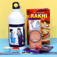 Surprising Treat - Happy Raksha Bandhan Personalized Sipper Bottle, Dairy Milk Silk Bar in Personalized Wrapper, 2 Dairy Milk with 2 Rakhi and Roli-Chawal
