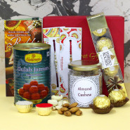 Love for Dryfruit - Almond & Cashew in Jar, Haldiram Gulab Jamun, Ferreo Rocher 4 Pcs, Premium Gift Box (M) with 2 Rakhi and Roli-Chawal