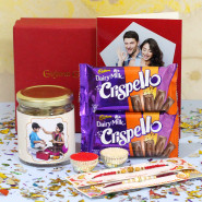 Delicious Box - Almond & Cashew in Photo Jar, 2 Dairy Milk Crispello, Personalized Card, Premium Gift Box (M) with 2 Rakhi and Roli-Chawal