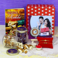 Enticing Bliss - Personalized Raksha Bandhan Photo Tile, Almond & Cashew in Jar, 10 Dairy Milk in Jar, Premium Gift Box (P) with 2 Rakhi and Roli-Chawal