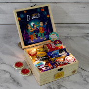 Lucky Diwali Box - Hershey's Kisses Milk Chocolates, Pringles, Dairy Milk Crispello, Dairy Milk Fuse, Five Star, Oreo, 6 Diwali Props, Led Light, Personalized Wooden Box with 2 Decorative Golden Diyas and Laxmi-Ganesha Coin