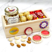 Diwali Love - Almond & Cashew in Jar, Ferreo Rocher 4 Pcs, 2 Kit Kat, 2 Diwali Props, Led Light, Wooden Tray with 2 Decorative Golden Diyas and Laxmi-Ganesha Coin