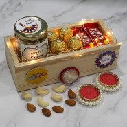 Diwali Love - Almond & Cashew in Jar, Ferreo Rocher 4 Pcs, 2 Kit Kat, 2 Diwali Props, Led Light, Wooden Tray with 2 Decorative Golden Diyas and Laxmi-Ganesha Coin