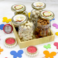 Tray of Dry Fruits - Almond in Jar, Cashew in Jar, Rasin in Jar, Pitsa in Jar, Wooden Tray with 2 Decorative Golden Diyas and Laxmi-Ganesha Coin
