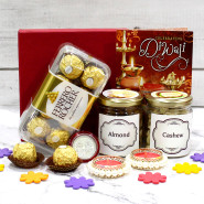 Diwali Cravings - Almond in Jar, Cashew in Jar, Ferreo Rocher 16 Pcs, Premium Gift Box (M) with 2 Decorative Golden Diyas and Laxmi-Ganesha Coin