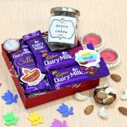 Sweetness of Diwali - Almond & Cashew in Jar, Dairy Milk Silk, 2 Dairy Milk Fruit n Nut, Dairy Milk, 2 Diwali Props, Premium Gift Box (M) with 2 Decorative Golden Diyas and Laxmi-Ganesha Coin