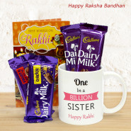 One in a Billion Sister Happy Rakhi Personalized Mug, Dairy Milk Fruit n Nut & Crackle, 2 Dairy Milk and Card