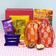 Tempting Box - Kaju Mix, Almond in Potli (D), Cashew in Potli (D), Dairy Milk Silk, Premium Gift Box (M) with 2 Rakhi and Roli-Chawal