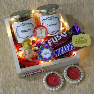 Nutty Diwali Tray - Almond in Jar, Cashew in Jar, Ganesh Idol, Dairy Milk Fuse, Snickers, 3 Diwali Props, Led Light, Wooden Tray with 2 Decorative Golden Diyas and Laxmi-Ganesha Coin