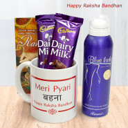 Meri Pyari Behna Personalized Mug, Rasasi Deo, 2 Dairy Milk and Card