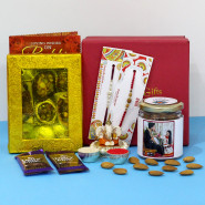 Yummy Box - Kaju Mix, Almond in Personalized Jar, 2 Dairy Milk, Ganesh Idol, Premium Gift Box (M) with 2 Rakhi and Roli-Chawal