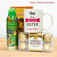 One in a Billion Sister Happy Rakhi Personalized Mug, Rasasi Deo, Ferrero Rocher 16 Pcs and Card