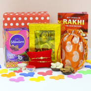 Tasty Gift Box - Kaju Mix, Mini Celebrations, Almond & Cashew in Potli (D), Premium Gift Box (P) with 2 Rakhi and Roli-Chawal