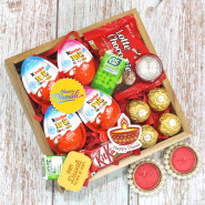 Luscious Diwali Tray - Ferreo Rocher 4 Pcs, 4 Kinder Joy, Choco Pie, 2 Tic Tac, Kit Kat, 3 Diwali Props, Led Light, Wooden Tray with 2 Decorative Golden Diyas and Laxmi-Ganesha Coin