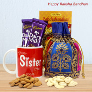 Best Sister Ever Personalized Mug, Cashew & Almond in Potli (D), 2 Dairy Milk and Card