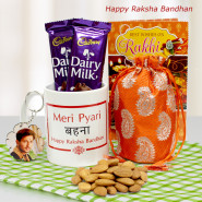 Meri Pyari Behna Personalized Mug, Flower Shaped Wooden Photo Keychain, Almond in Potli (D), 2 Dairy Milk and Card