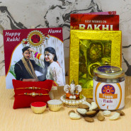 Delightful Mix - Kaju Mix, Almond & Cashew in Personalized Jar, Personalized Happy Rakhi Photo Tile, Ganesh Idol with 2 Rakhi and Roli-Chawal