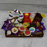 Crunchy Diwali Tray - Sapphire Cookies, Soan Papdi, Ferreo Rocher 4 Pcs, 2 Dairy Milk Silk, Temptations, Bournville, Fruit n Nut, Crackle, Choco Pie, 5 Diwali Props, Led Light, Wooden Tray with 2 Decorative Golden Diyas and Laxmi-Ganesha Coin