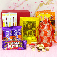 Box of Sweetness - Kaju Mix, Almond & Cashew in Potli (D), 2 Dairy Milk Fuse, 2 Dairy Milk Crispello, Premium Gift Box (M) with 2 Rakhi and Roli-Chawal