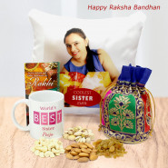 World's Best Sister Personalized Mug, Coolest Sister Ever Personalized Cushion, Assorted Dryfruits in Potli (D) and Card