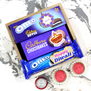 Delicious Diwali Tray - Oreo Cadbury Dipped, Cadbury Chocobakes Cookies, Oreo, 3 Diwali Props, Led Light, Wooden Tray with 2 Decorative Golden Diyas and Laxmi-Ganesha Coin