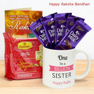 One in a Billion Sister Happy Rakhi Personalized Mug, Haldiram Soan Papdi, 5 Dairy Milk and Card