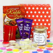 Dryfruit Lover - Kaju Katli, Almond & Cashew in Jar, 2 Dairy Milk, Premium Gift Box (P) with 2 Rakhi and Roli-Chawal