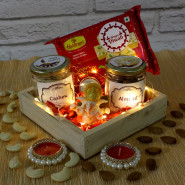 Diwali Festive Pack - Almond in Jar, Cashew in Jar, Haldiram Soan Papdi, Ganesh Idol, Diwali Props, Led Light, Wooden Tray with 2 Decorative Golden Diyas and Laxmi-Ganesha Coin