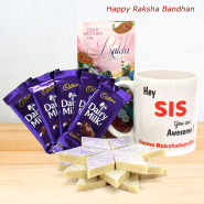 Hey Sis you are Awesome Personalized Mug, Kaju Katli 250 gms, 5 Dairy Milk and Card