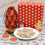 Diwali Sweetness - Kaju Katli, Almond in Potli (D), Ganesh Idol, Premium Gift Box (P) with 2 Decorative Golden Diyas and Laxmi-Ganesha Coin