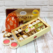 Perfect Diwali Hamper - Kaju Mix, Almond & Cashew in Designer Potli (D), Ferrero Rocher Moments, Diwali Props with 2 Decorative Golden Diyas and Laxmi-Ganesha Coin