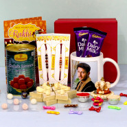 Gulab Jamun Sweet Combo - Kaju Katli, Haldiram Gulab Jamun, Personalized Mere Pyaare Bhaiya Photo Mug, 2 Dairy Milk, Ganesh Idol, Premium Gift Box (M) with 2 Rakhi and Roli-Chawal