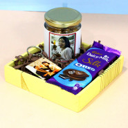 Delicious Tray - Almond in Personalized Jar, Photo Key Chain, Dairy Milk Silk Oreo, Wooden Tray and Card