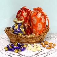 Exquisite Treat - Almond in Potli (D), Cashew in Potli (D), Cadbury Choclairs 10 Pcs in Jar, Basket and Card