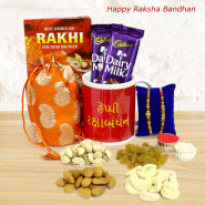 Happy Rakshabandhan (Gujarati) Personalized Mug, Assorted Dryfruits in Potli (D), 2 Dairy Milk, 2 Rakhi and Roli-Chawal 