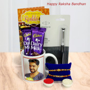 Sarva Sresth Bhai (Gujarati) Personalized Mug, Parker Pen, 2 Dairy Milk, 2 Rakhi and Roli-Chawal
