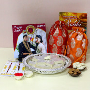 Dryfruit Potli - Kaju Katli, Almond in Potli (D), Cashew in Potli (D), Personalized Happy Rakhi Photo Tile with 2 Rakhi and Roli-Chawal