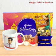 Lakho Ma Ek Bhai (Gujarati) Personalized Mug, Cadbury Celebrations, 2 Rakhi and Roli-Chawal
