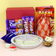 Nutty Joy - Kaju Katli, Almond & Cashew in Potli (D), 2 Dairy Milk Crispello, 2 Dairy Milk Fuse, Premium Gift Box (M) with 2 Rakhi and Roli-Chawal